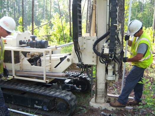 MOODY AIR FORCE BASE, Ga. -- Contractors use a geoprobe rig to install injection wells into contaminated soil here.  Substances such as lactate or vegetable oil are inserted into the soil, where they act as a stimulating food source for naturally-occurring microbes. These microbes will then work to break down the contaminants in the soil. (Contributed photo) 