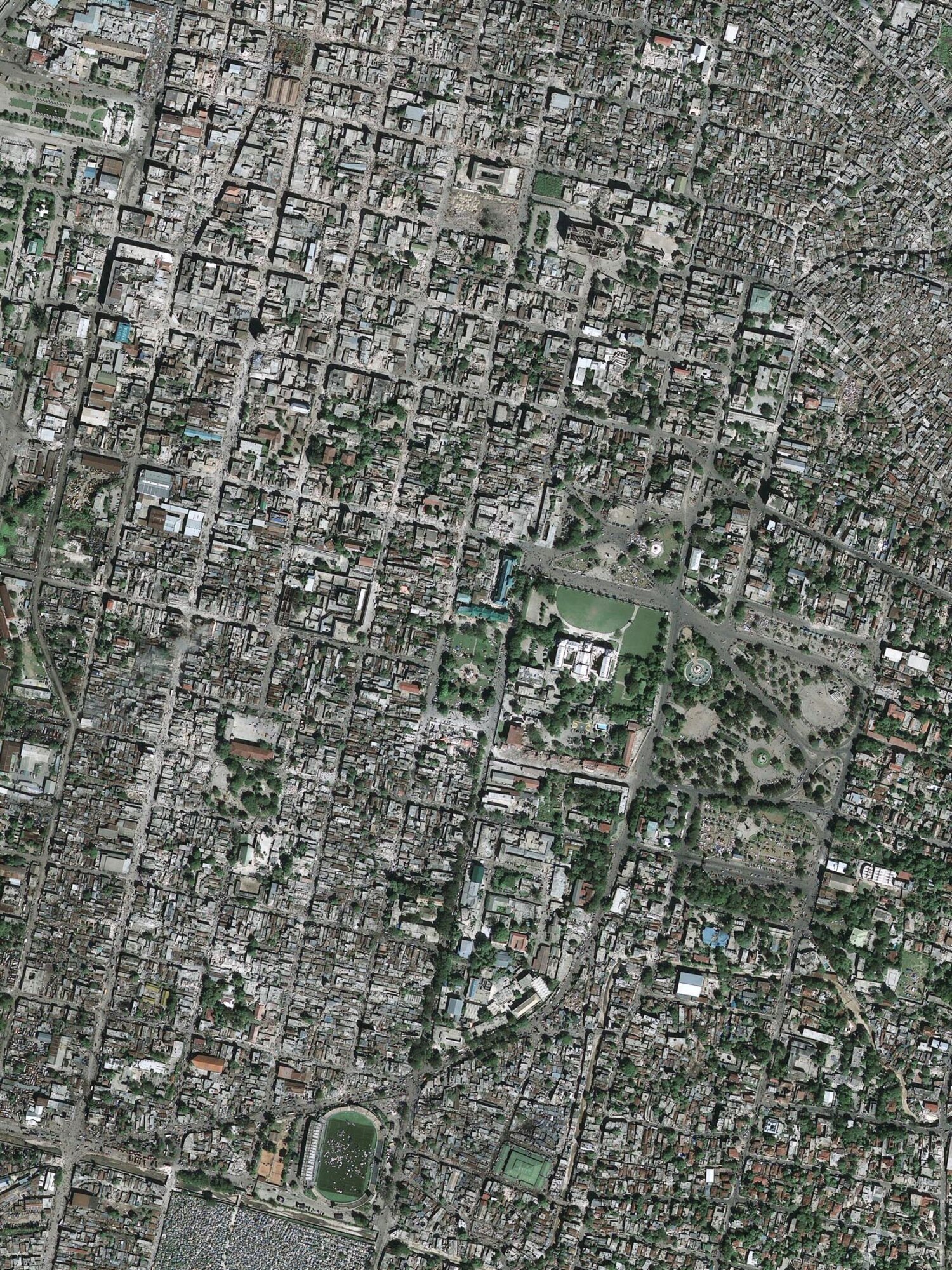 A commercial satellite image downloaded and processed by the Eagle Vision System, managed by specialists in the Electronic Systems Center at Hanscom Air Force Base, Mass., shows the destruction in Port-au-Prince, Haiti, following this week's massive earthquake there. Such images are helping disaster response officials provide faster and safer assistance to residents there. (U.S. Air Force photo)