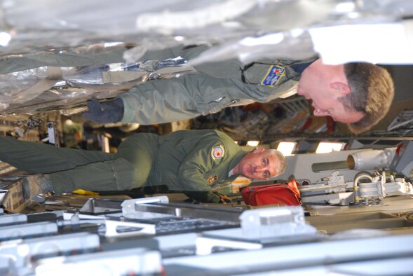 JOINT BASE MCGUIRE-DIX- LAKEHURST, N.J. - Reserve loadmasters, Master Sgt. Kevin Keane (left) and Tech. Sgt. Stephen Ritter, (right) help prepare a C-17 Globemaster III for departure to the Toussaint Louverture International Airport, Haiti, Jan. 14. They are two of 10 Reserve aircrew members from the 732nd Airlift Squadron stationed here to transport equipment and more than 70 personnel to the earthquake stricken country. (U.S. Air Force photo/Master Sgt. Donna T. Jeffries)