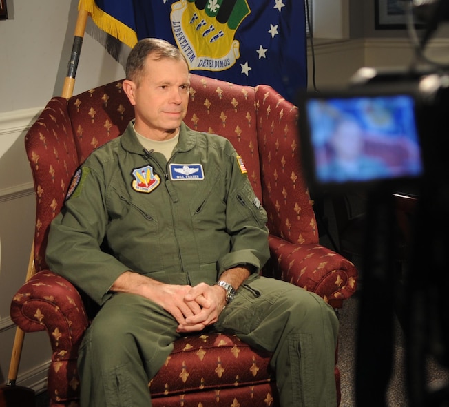 Barksdale AFB, La. - Gen. William Fraser, Air Combat Command commander, is interviewed by Senior Airman Megan Tracy, 2d Bomb Wing, during his visit here. (U.S. Air Force photo by Senior Airman Alexandra M. Longfellow) (RELEASED)