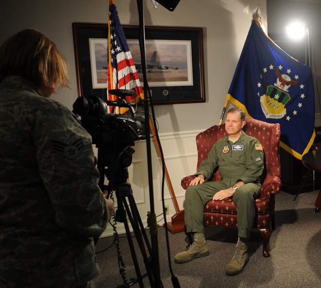 Barksdale AFB, La. - Gen. William Fraser, Air Combat Command commander, is interviewed by 2d Bomb Wing Public Affairs during his visit this week here. (U.S. Air Force photo by Senior Airman Alexandra M. Longfellow) (RELEASED)