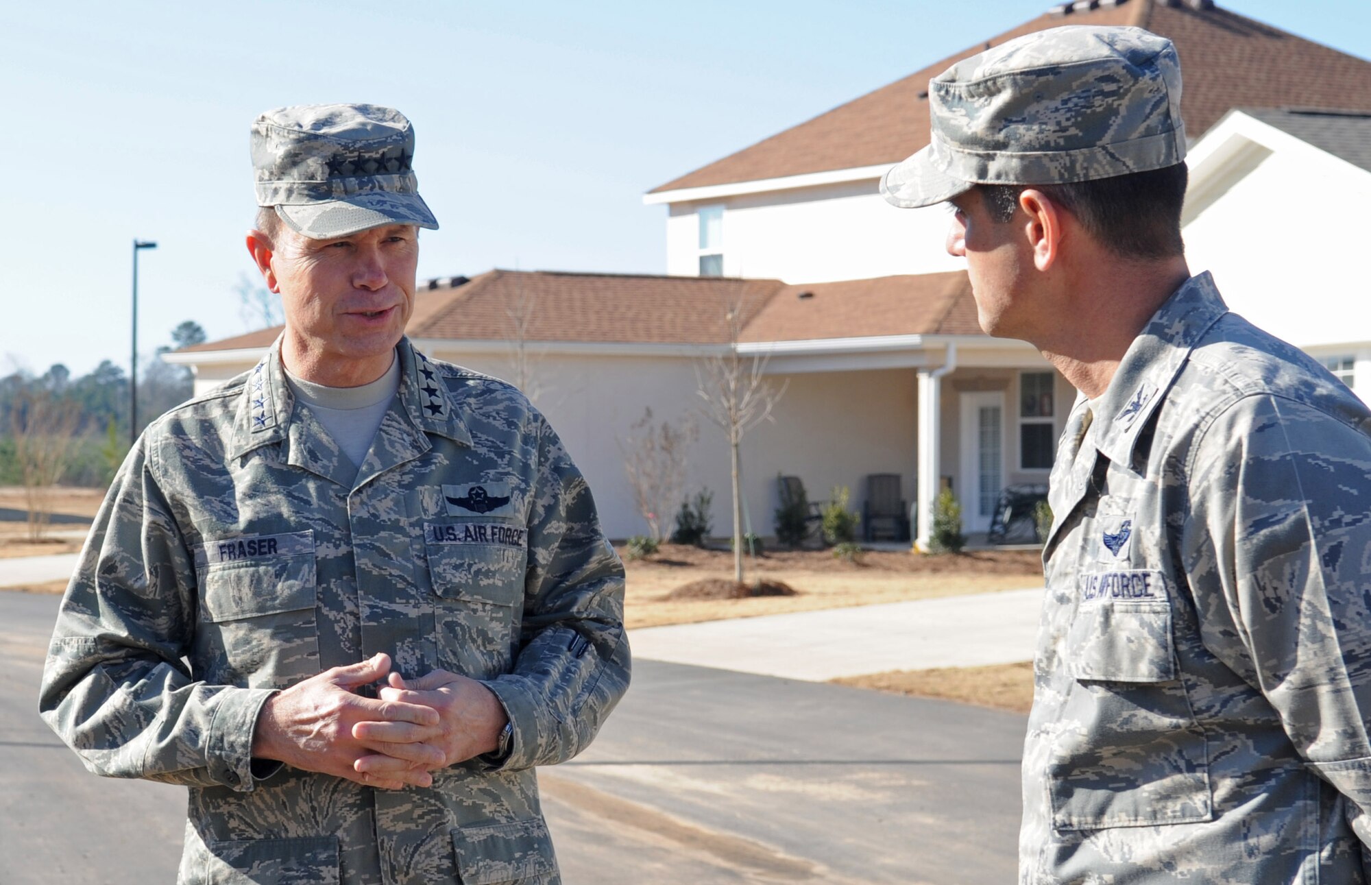 Barksdale AFB, La. - Gen. William Fraser, Air Combat Command commander, talks to Col. Steven Basham, 2d Bomb Wing commander, during his visit here Jan. 12. (U.S. Air Force photo by Senior Airman Alexandra M. Longfellow) (RELEASED)