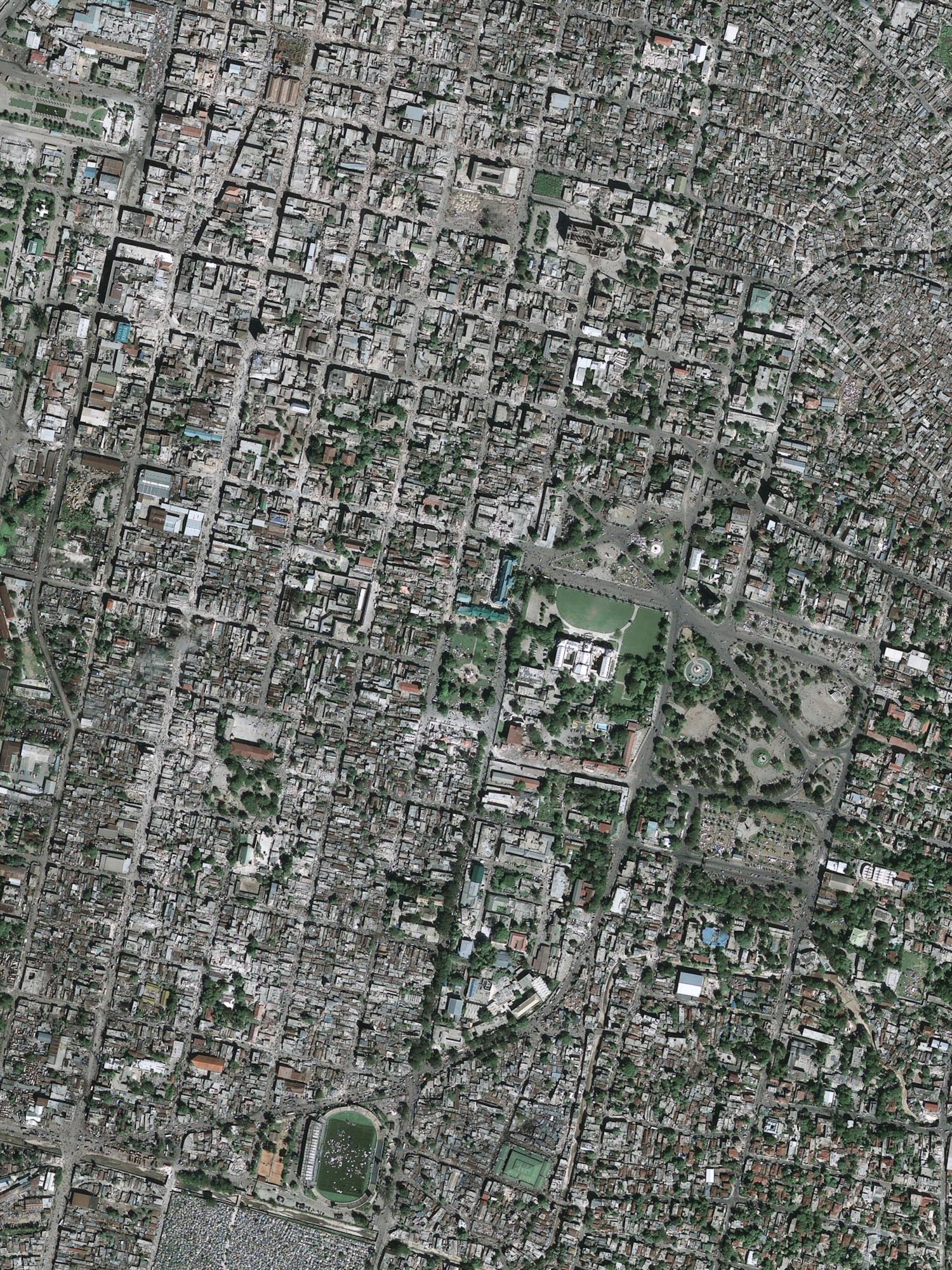 HANSCOM AIR FORCE BASE, Mass. -- A commercial satellite image downloaded and processed by the Eagle Vision System, managed by the Electronic Systems Center here, shows the destruction in Port-au-Prince, Haiti, following this week’s massive earthquake there.  Such images are helping disaster response officials provide faster and safer assistance to residents there.  (USAF image)