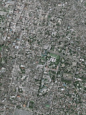 HANSCOM AIR FORCE BASE, Mass. -- A commercial satellite image downloaded and processed by the Eagle Vision System, managed by the Electronic Systems Center here, shows the destruction in Port-au-Prince, Haiti, following this week’s massive earthquake. Such images are helping disaster response officials provide faster and safer assistance to residents in Haiti. (Air Force image) 
