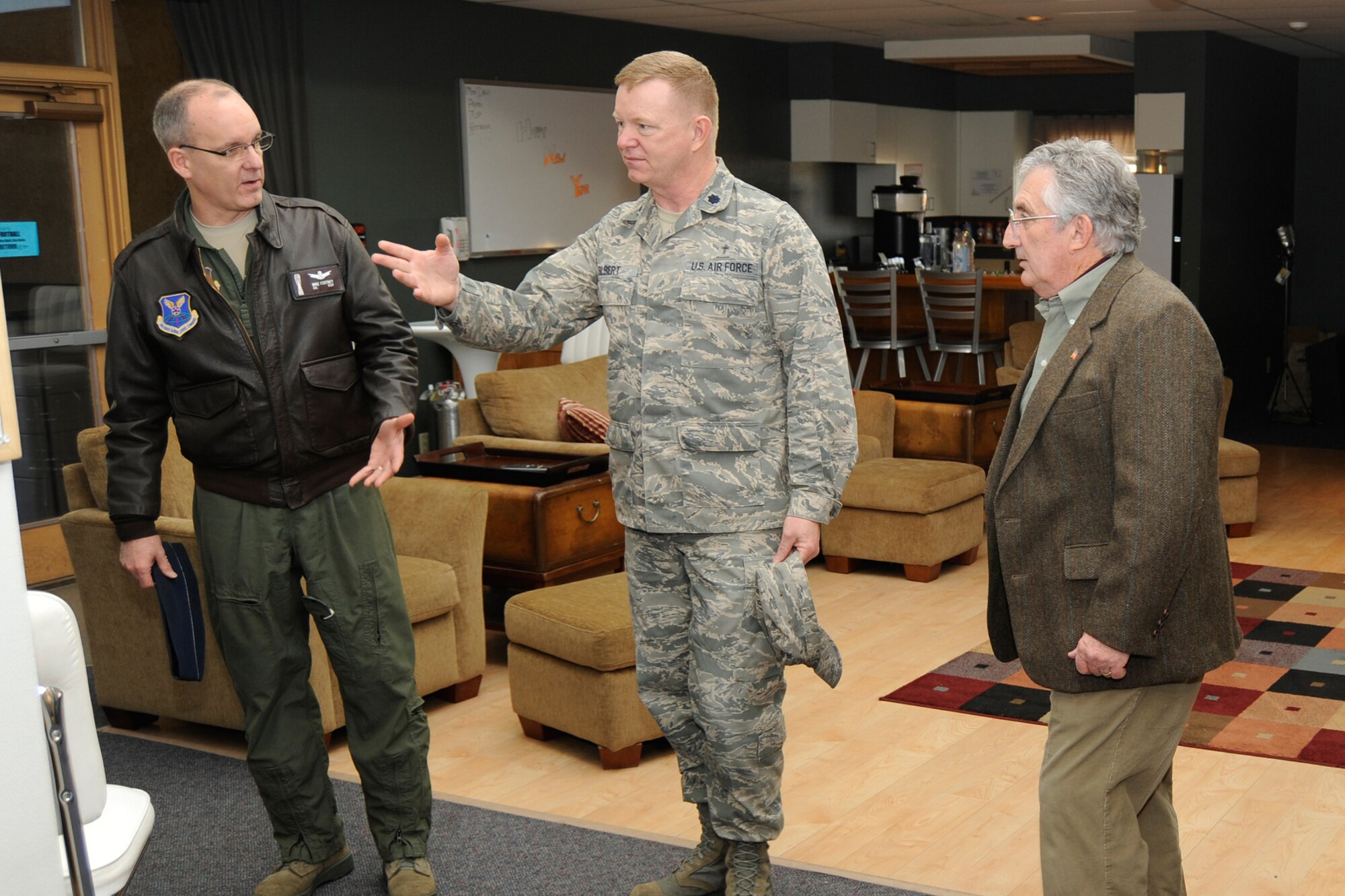 Col. Michael Fortney, 341st Missile Wing commander, Chaplain (Lt. Col.)  Michael Gilbert and Great Falls Mayor Michael Winters made a stop at the Detour Airmen's Center Jan. 12. The newly elected mayor, who just began his duties this month, came to Malmstrom to meet the leadership and receive an orientation tour of the base. (U.S. Air Force photo/Beau Wade)