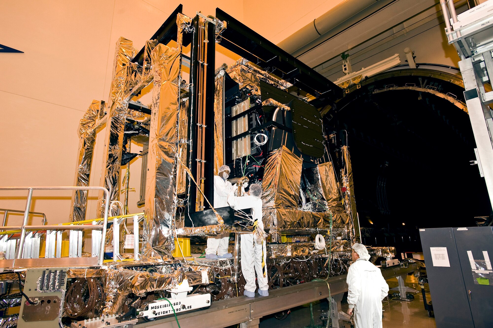 Space-Based Infrared System GEO-1 Satellite undergoing work at Lockheed Martin Space Systems in Sunnyvale, Calif. (Photo courtesy of Lockheed Martin Space Systems)