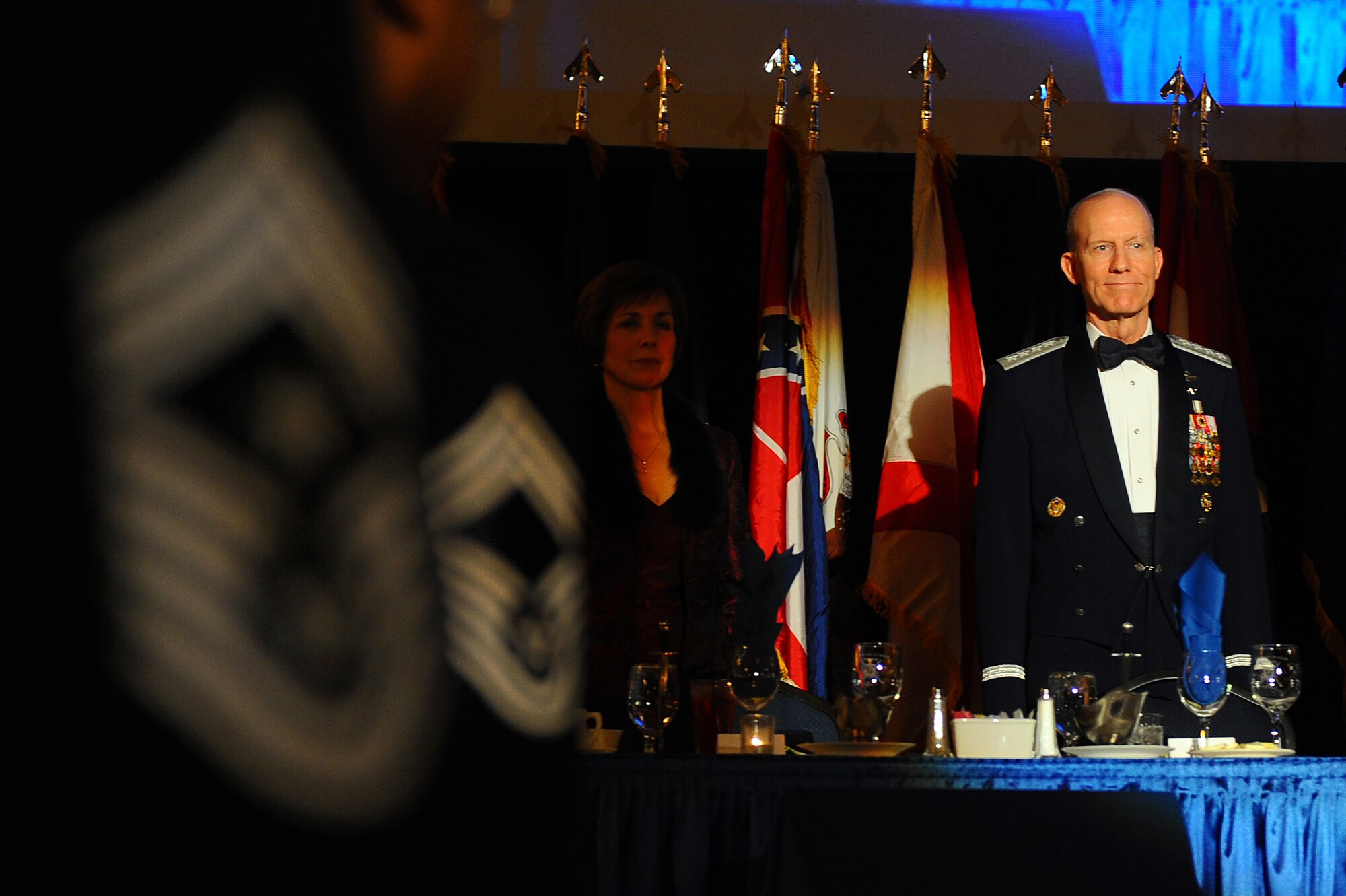 OFFUTT AIR FORCE BASE, Neb. - Retired Gen. John D.W. Corley, former commander of Air Combat Command, and his wife Alice, stand at the head table while the audience of approximately 500 enlisted Airmen look on during an Order of the Sword Ceremony honoring General Corley at the Doubletree Hotel in Omaha, Neb., Jan. 13.  The Order of the Sword is the highest award presented by the U.S. Air Force enlisted corps.

U.S. Air Force photo by Josh Plueger
