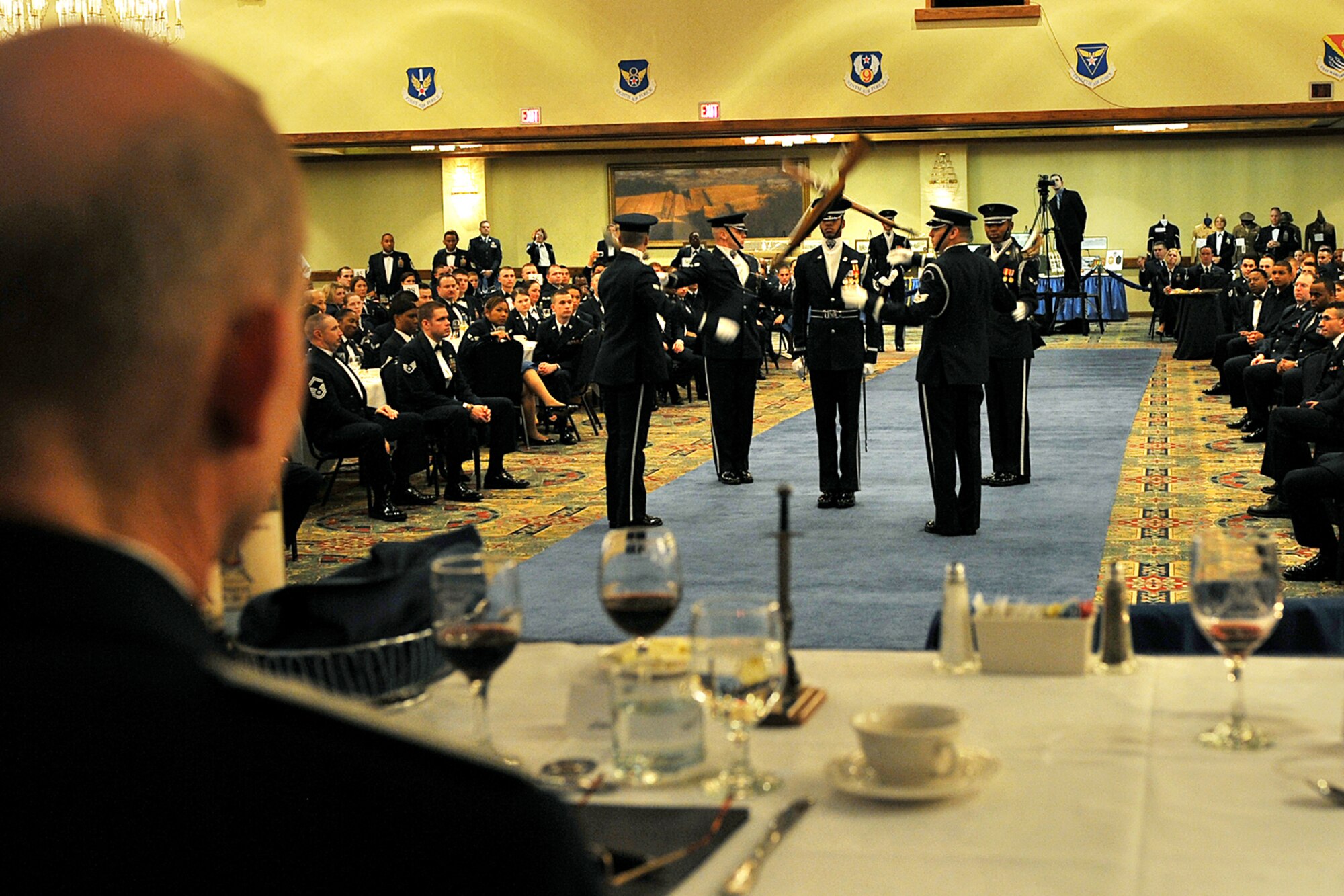 OFFUTT AIR FORCE BASE, Neb. - Retired Gen. John D.W. Corley, former commander of Air Combat Command, looks on as the Air Force Honor Guard drill team performs during an ACC Order of the Sword ceremony at the Doubletree Hotel in Omaha, Neb., Jan. 13.  The award was established by the Air Force enlisted corps to recognize and honor senior officers (colonels or above) and civilian equivalents, for "conspicuous and significant contributions to the welfare and prestige of the enlisted force and mission effectiveness."

U.S. Air Force photo by Charles Haymond

