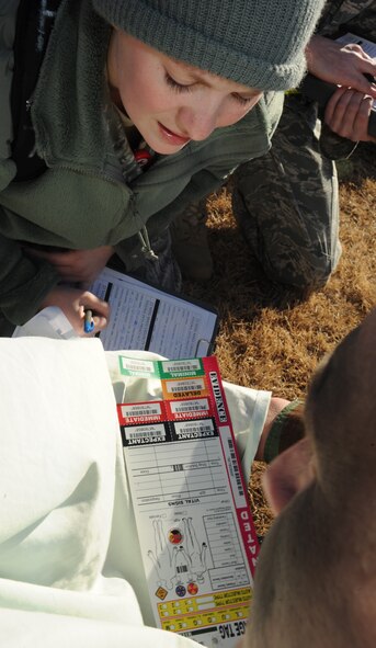 Airman 1st Class Sara Moore, 22nd Medical Support Squadron health services management records technician, reviews a mock patients’ information for a triage assessment Jan. 11, 2010, during a major accident response exercise at McConnell Air Force Base, Kan. The medical professionals had to assess each victim’s injures and provide proper treatment during each scenario of the MARE. The base held the MARE to prepare Airmen for scenarios they may face in an Air Mobility Command Unit Compliance Inspection in February (U.S. Air Force Photo/Senior Airman Maria Ruiz)