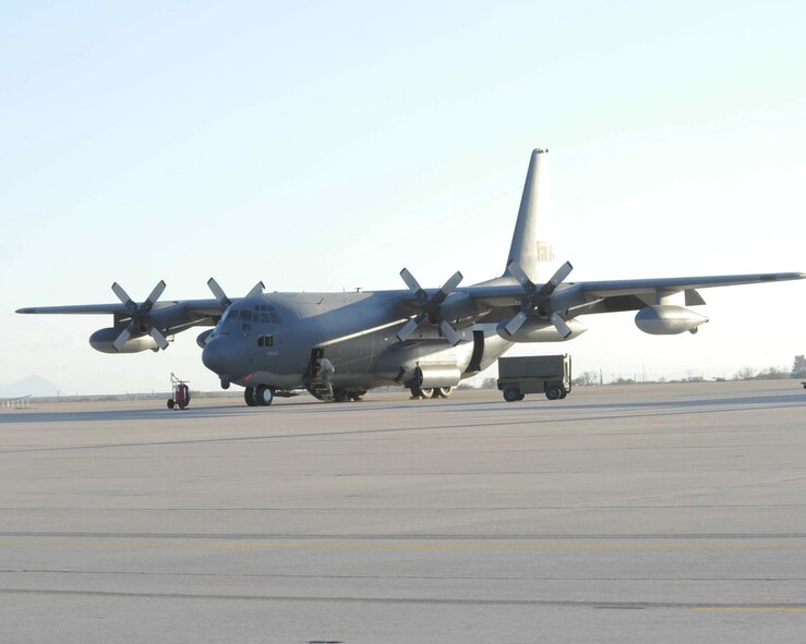 A C-130 Hercules from the 79th Rescue Squadron sits on the runway Jan. 14, 2010, at Davis-Monthan Air Force Base, Ariz. Another C-130 from the squadron participated in a Haitian relief mission during the evening of Jan. 13 in Port-au-Prince, Haiti. During this mission, Airmen delivered more than 13,000 pounds of cargo. They also dropped off airfield operations personnel to help set up the airfield in Port-au-Prince and control the relief traffic in and out of the airfield. (U.S. Air Force photo/Staff Sgt. Valerie Smith)