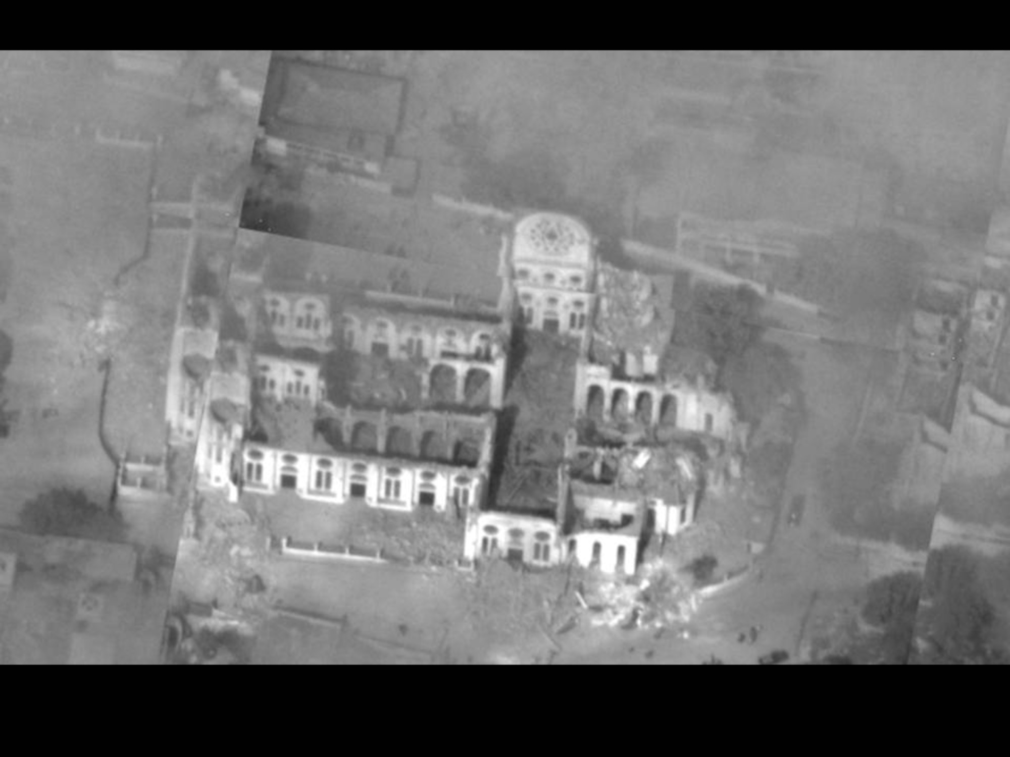 An aerial view of the damaged National Cathedral in Haiti from an Air Force Global Hawk unmanned aircraft Jan. 14. Aerial images are providing planners valuable situation awareness as they coordinate U.S. military support to the Haiti relief effort. (U.S. Air Force photo)