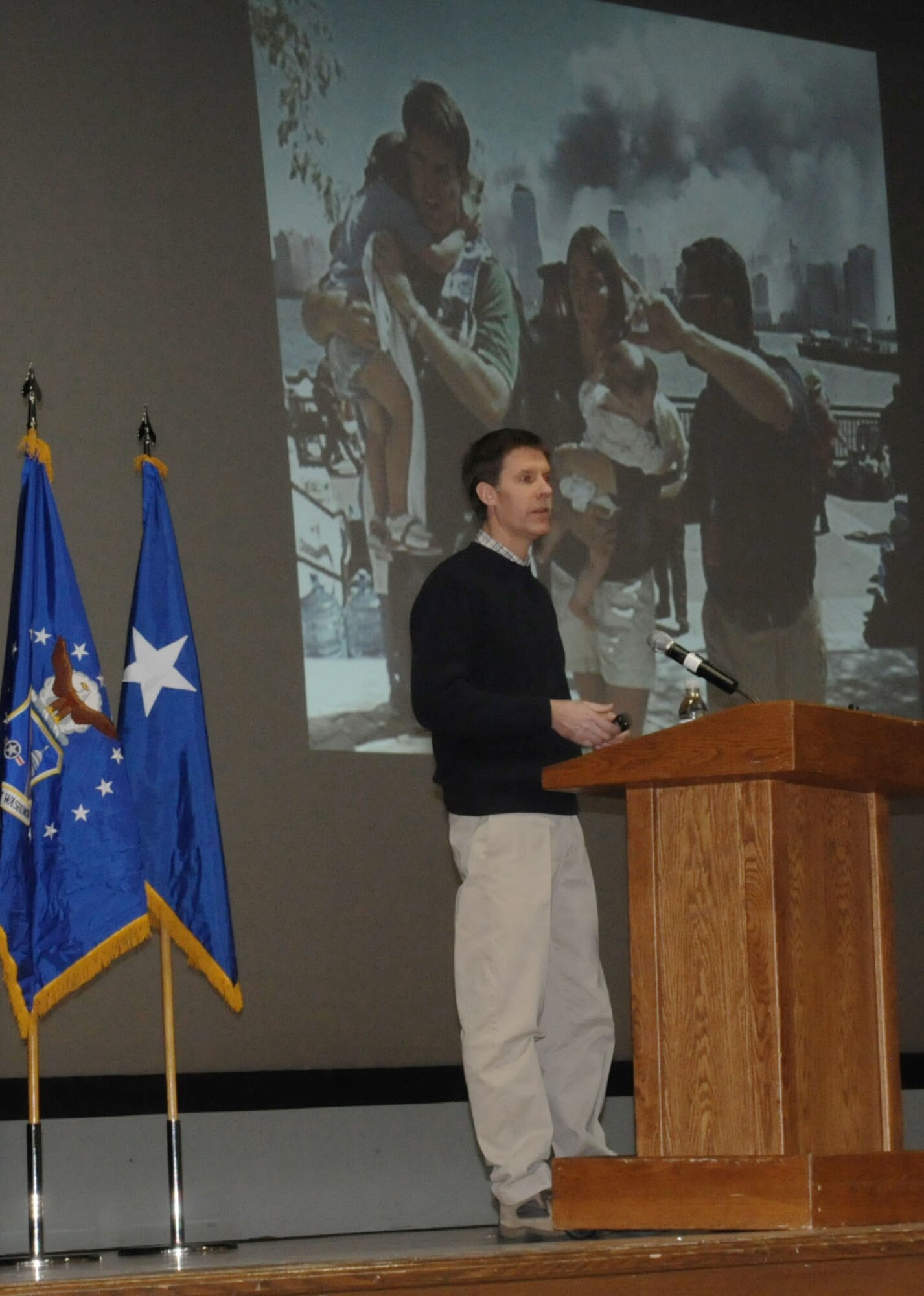 Michael Hurley, who served the City of New York as the Port Authorities’ highest authority on fire and emergency evacuations during the terrorist attacks of Sept. 11, 2001, presented a slideshow during the Air Force District of Washington's Wingman day on Jan 13, 2009. Wingman day is a chance for Airmen to recognize the coworkers who cover their backs on a day-to-day basis and recommit to being good wingmen themselves. Mr. Hurley has earned medals for his heroism during the 1993 car bombing of the World Trade Center as well as his actions on Sept. 11. He is now site manager for the recovery and reconstruction effort at Ground Zero in New York. 

