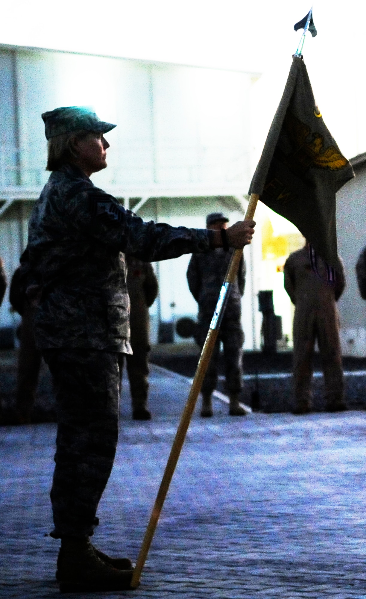 Chief Master Sgt. Suzan K. Sangster, command chief master sergeant for the 380th Air Expeditionary Wing, stands with the 380th AEW flag during a Veterans Day retreat ceremony Nov. 11, 2009, at a non-disclosed base in Southwest Asia.  Chief Sangster, a 27-year veteran of the Air Force, is the only female command chief for a deployed AEW in the U.S. Central Command area of responsibility.  (U.S. Air Force Photo/Senior Airman Stephen Linch/Released)