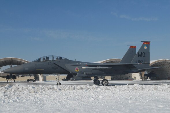 KUNSAN AIR BASE, Republic of Korea -- An F-15 Strike Eagle with the 389th Expeditionary Fighter Squadron, deployed from Mountain Home Air Force Base, Idaho, taxis to the runway during a Peninsula-wide Operational Readiness Exercise here, Jan. 14. (U.S. Air Force photo/Senior Airman Roy Lynch)