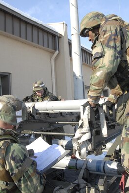 KUNSAN AIR BASE, Republic of Korea -- Senior Airman Duane Asbell reads the technical orders for the post-use of the Captive Air Training Missile while Staff Sgt. Albert Golder and Airman 1st Class Alpha Barry inspect the CATM during a Peninsula-wide Operational Readiness Exercise here, Jan. 14. Sergeant Golder and Airmen Asbell and Barry are precision-guided munitions crew chiefs assigned to the 8th Maintenance Squadron. PENOREs like this one ensure that all Wolf Pack members are capable of performing their duties in wartime conditions; that they are ready to defend the base, accept follow on forces and take the fight north. (U.S. photo/Staff Sgt. Darnell T. Cannady)