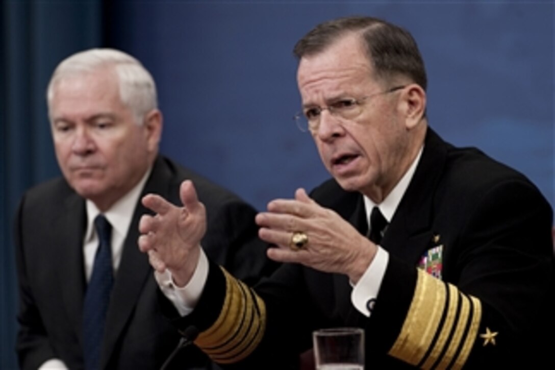 Secretary of Defense Robert M. Gates and Chairman of the Joint Chiefs of Staff Adm. Mike Mullen, U.S. Navy, address the media in the Pentagon on Jan. 15, 2010.  Gates and Mullen discussed the Haiti earthquake relief efforts and the investigation into the Fort Hood shootings.  