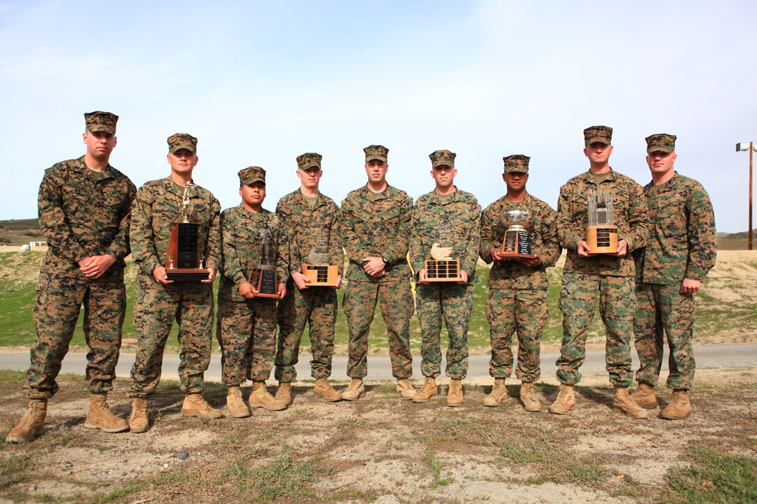 (From left to right) Sgt. Kyle Billings, Cpl. Jeremy Henemyer, Sgt. Victor Armenta, Sgt. Brent Payne, Capt. Eric Antonelli, Chief Warrant Officer 2 Jared Dalton, Sgt. Chris Monsegue, Sgt. Tyler Milke, and Sgt. Kyle Wilson, all with Weapons and Field Training Battalion, Marine Corps Recruit Depot San Diego, took first-place trophies in several categories at the 2010 Camp Pendleton Rifle and Pistol Intramural Matches, Jan. 15.