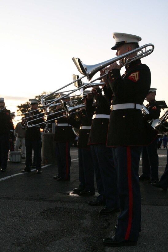 The trombone section of the 3rd Marine Aircraft Wing Band practice before performing for the 9th annual Martin Luther King Jr. High School Battle of the Bands competition in Houston Jan. 16.