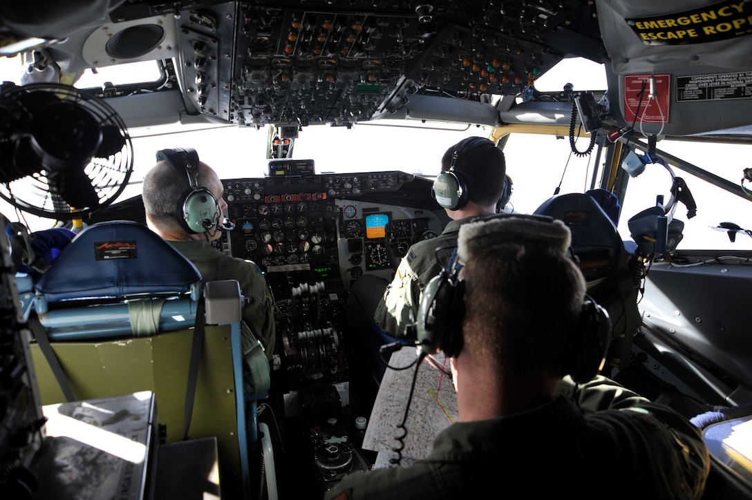 Offutt AFB, NE, 45th Reconnaissance Squadron pilots, fly an OC-135B Observation Aircraft Jan 16 over Haiti. Army, Navy and Air Force personnel used the capabilities of the OC-135B to photograph Haiti, to get a better understanding of the devastation from the earthquake that hit the country Jan. 12. (U.S. Air Force photo by Airman 1st Class Perry Aston) (Released)