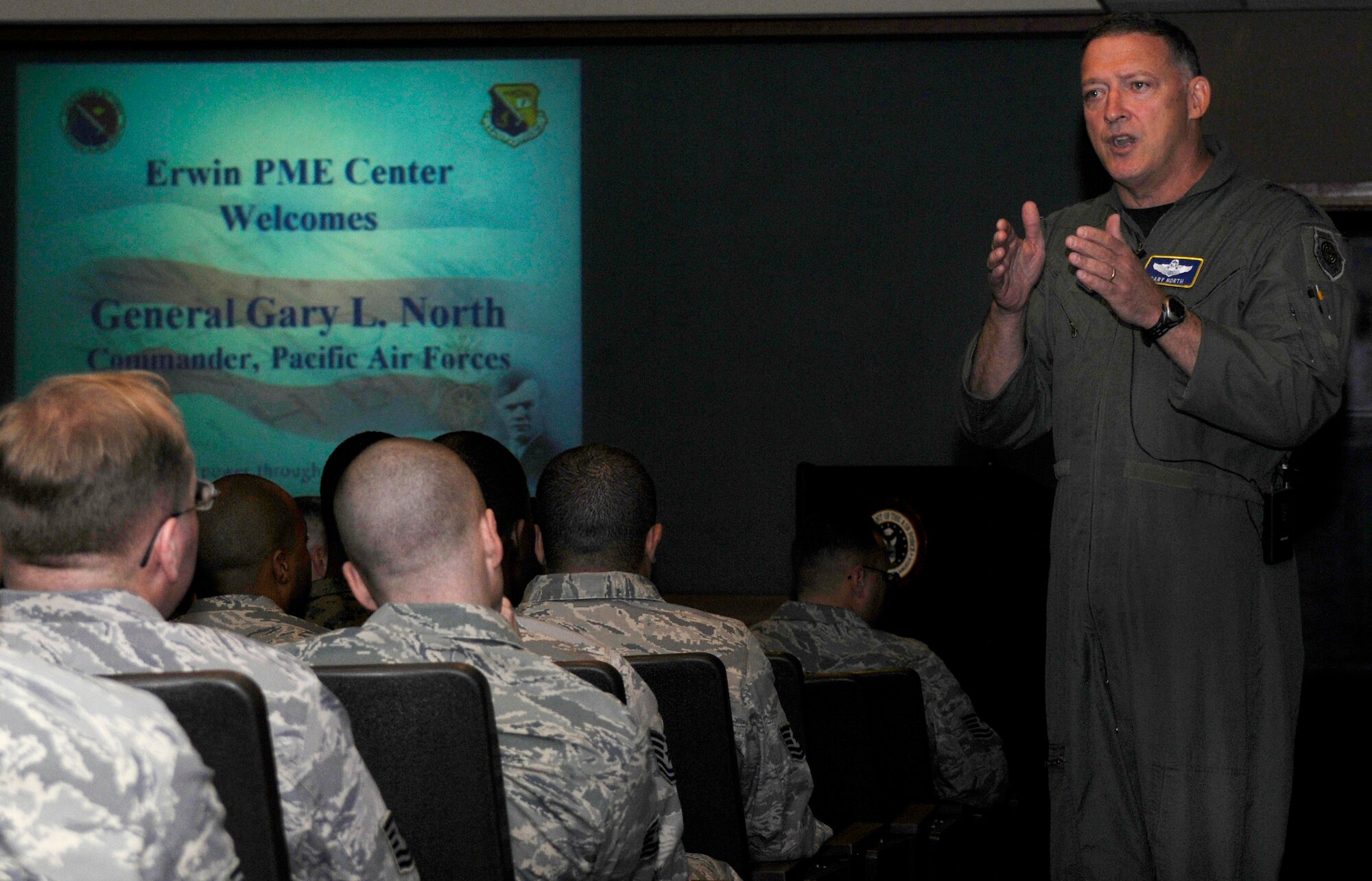Gen. Gary North, Pacific Air Forces commander, speaks to NCO Academy students at Kadena’s Erwin Professional Military Education Center, Jan. 11. General North, who served as 18th Wing commander here from 2000 to 2002, spent several days at Kadena visiting with Airmen and also had the opportunity to fly with the 33rd Rescue Squadron and the 67th Fighter Squadron. This was the general’s first visit to Kadena since taking command of Pacific Air Forces in August 2009. (U.S. Air Force photo/Staff Sgt. Christine Best)