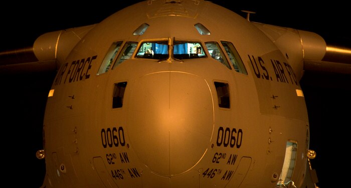 A C-17 Globemaster III from McChord Air Force Base, Wash., awaits engine startup Jan. 18, 2010, on the flightline at Charleston AFB, S,C. Charleston AFB has become a major distribution hub for food and water being airlifted to Haiti. (U.S. Air Force photo/Staff Sgt. Daniel Bowles)