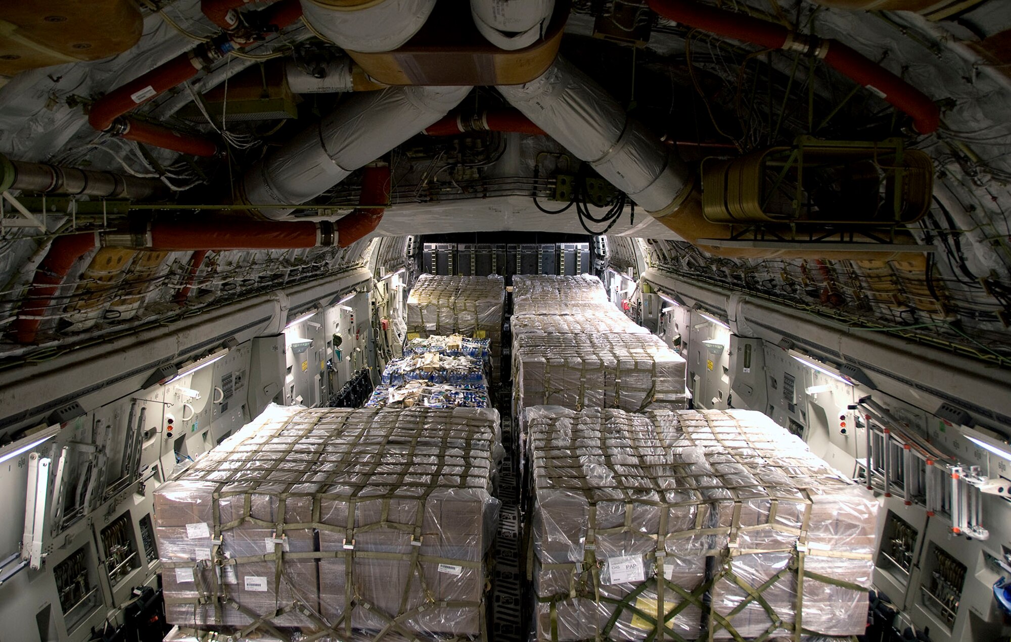 Nine pallets of bottled water and seven pallets of Meals-Ready-to-Eat sit on a McChord AFB C-17 after being loaded at Charleston AFB Jan. 18. Members of the 437th Aerial Port Squadron and 10th Airlift Squadron loadmasters worked together to load the 16 pallets, which weighed approximately 116,000 pounds and included more than 40,000 bottles of water and 30,000 meals. The supplies were flown out of Charleston AFB at approximately 6:30 a.m. on the first mission to leave the base since it assumed the role of a distribution hub for food and water to Haiti. (U.S. Air Force photo/Staff Sgt. Daniel Bowles)