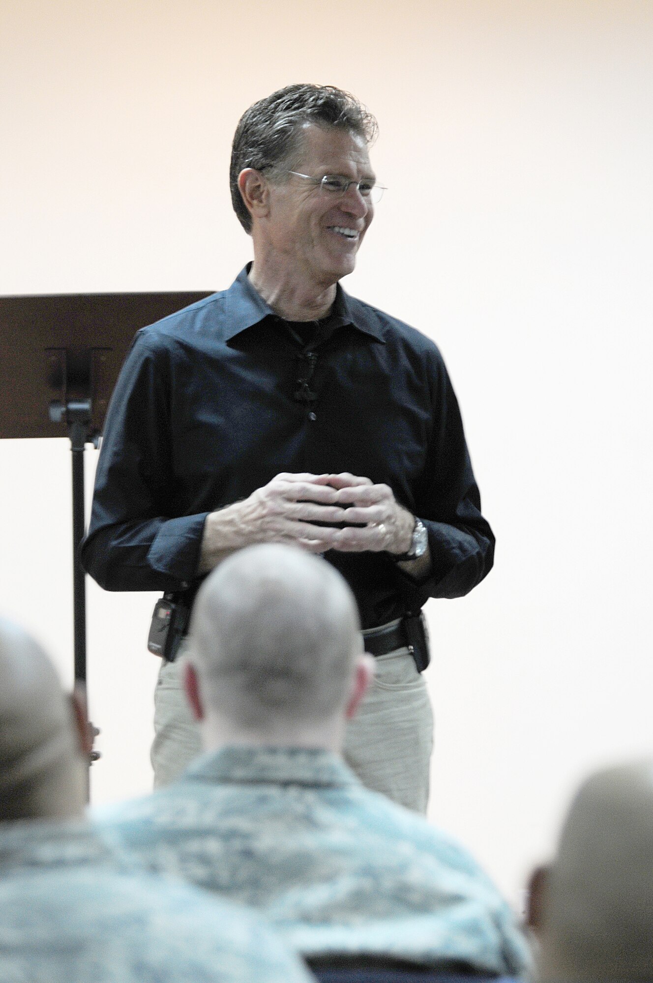 SOUTHWEST ASIA -- Dr. Emerson Eggerichs discusses the importance of communication within a marriage to members of the 386th Air Expeditionary Wing Jan. 16, 2010 at an air base in Southwest Asia. Dr. Eggerichs, author of the national bestseller "Love and Respect and Breaking the Communication Code" toured several bases within the area of responsibility recently leading a marriage seminar entitled "Love and Respect". Prior to hosting the seminars, Dr. Eggerichs was the senior pastor of East Lansing's Trinity Church.  (U.S. Air Force photo by Staff Sgt. Lakisha A. Croley/Released)
