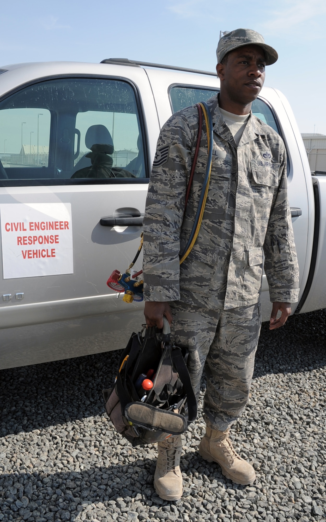 Tech. Sgt. Roderick Hill, heating, ventilation and air conditioning craftsman with the 380th Expeditionary Civil Engineer Squadron, prepares to head to a job during operations at a non-disclosed base in Southwest Asia on Jan. 17, 2010. A 12-year veteran of the Air Force, Sergeant Hill is reponsible for maintaining HVAC equipment throughout the 380th Air Expeditionary Wing.  Sergeant Hill is deployed from the 786th Civil Engineer Squadron at Ramstein Air Base, Germany, and his hometown is Moreauville, La. (U.S. Air Force Photo/Tech. Sgt. Scott T. Sturkol/Released)