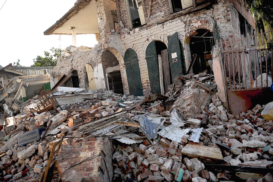 Shown here Jan. 17, 2010, are destroyed buildings in Jacmel, Haiti. According to local officials about 350 people lost their lives in Jacmel due to the earthquake that hit the region Jan. 12, 2010.