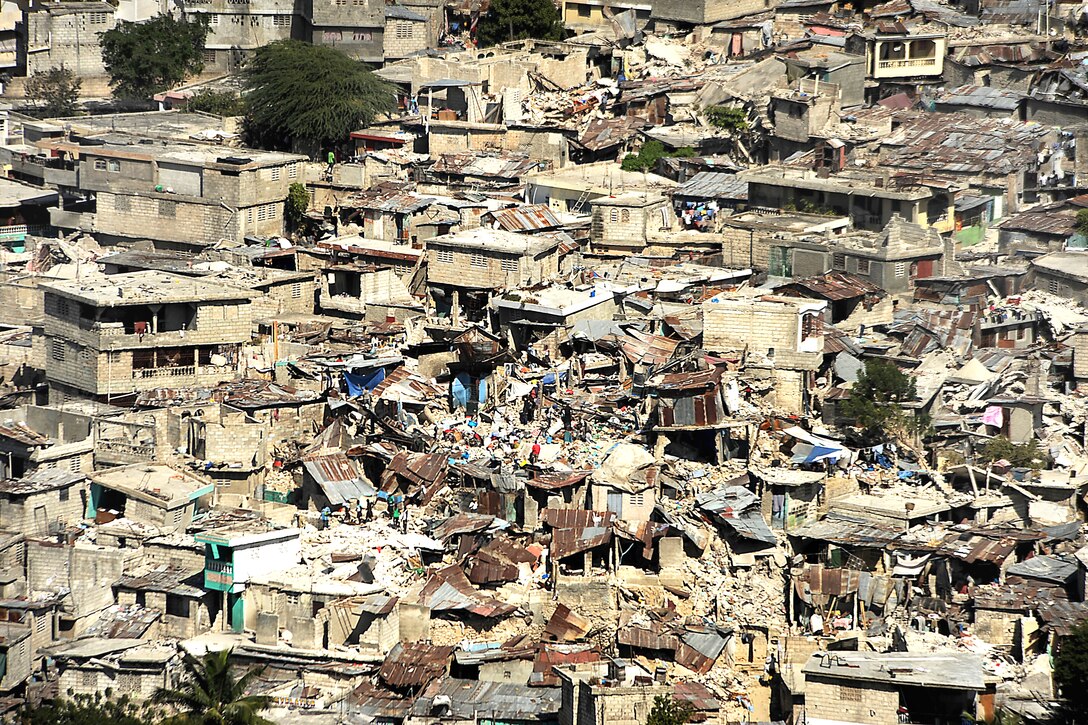 Shown here Jan. 16, 2010, is an aerial view of downtown Port-au-Prince, Haiti. Makeshift shelters are being erected in open locations throughout the devastation following a 7.0-magnitude earthquake Jan. 12, 2010.