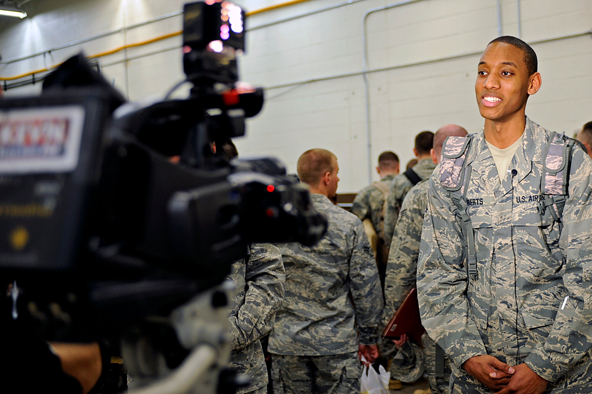 ELLSWORTH AIR FORCE BASE, S.D. -- Airman 1st Class Stephen Roberts, 28th Operations Support Squadron air crew equipment technician, interviews with local media outlets before deploying to Southwest Asia, Jan. 17. This is Airman Roberts’ first deployment in support of operations for the 379th Air Expeditionary Wing. (U.S. Air Force photo/Airman 1st Class Matthew Flynn)