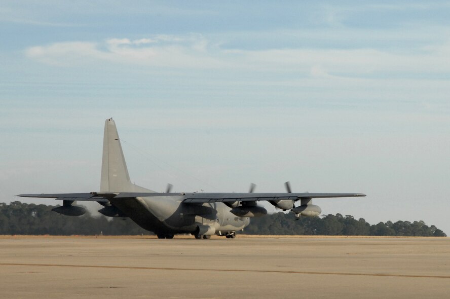 An U.S. Air Force MC-130P Combat Shadow from the 15th Special Operations Squadron at Hurlburt Field, Fla., departs for Haiti, Jan. 13, 2010. AFSOC Airmen will participate in the U.S. humanitarian assistance and disaster relief mission in Haiti. (U.S. Air Force photo by Senior Airman Matthew Loken/Released)