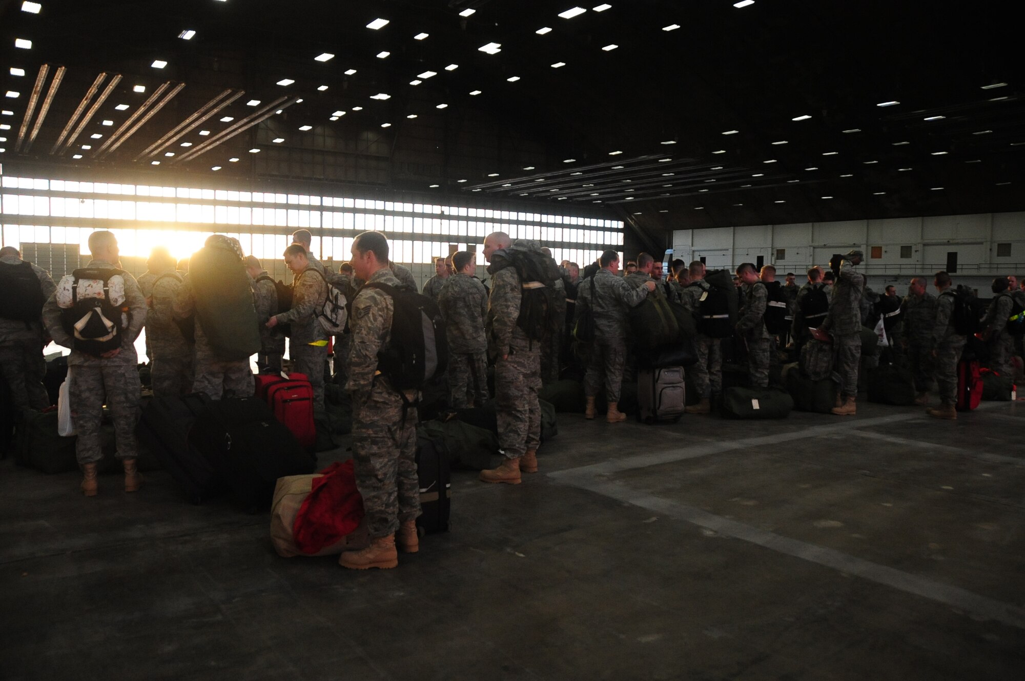 ELLSWORTH AIR FORCE BASE, S.D. -- Ellsworth Airmen wait in a processing line before deploying to Southwest Asia, Jan. 17.  The more than 300 Airmen will provide support to the 379th Air Expeditionary Wing during their deployment. (U.S. Air Force photo/Airman 1st Class Anthony Sanchelli)