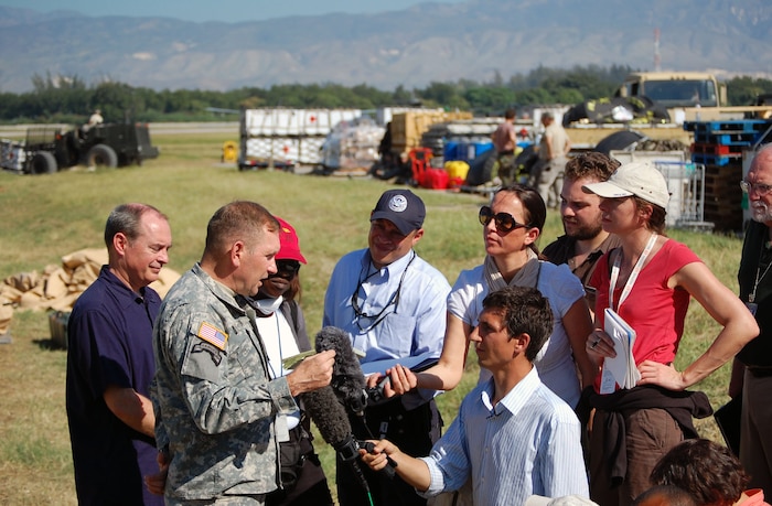 Army Lt. Gen. P.K. Keen briefs media the status of Operation Unified Response. The operations is a U.S. Southern Command-led humanitarian effort directly helping the Haitian people in the wake of the Jan. 12 7.0-magnitude earthquake which ravaged the Caribbean nation, leaving thousands dead and many more homeless Jan. 18, 2010. General Keen is the military deputy commander of U.S. Southern Command in Miami. (U.S. Air Force photo/Master Sgt. Sean P. Houlihan)