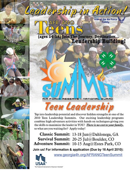 A page from the February 2010 Citizen Airman magazine highlights the leadership summits offered to teenage dependents of Airmen in the Air Force Reserve and Air National Guard.