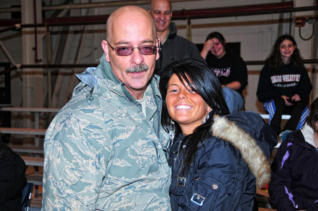 Deployed Air Force Master Sgt. Joseph Incorvia is reunited with friends and family, January 16, 2010, Niagara Falls Air Reserve Station, Niagara Falls, NY. Deployed Airmen are reunited with family and friends during a welcome home celebration at the Niagara Falls base. (U.S Air Force photo by Staff Sgt. Joseph McKee)