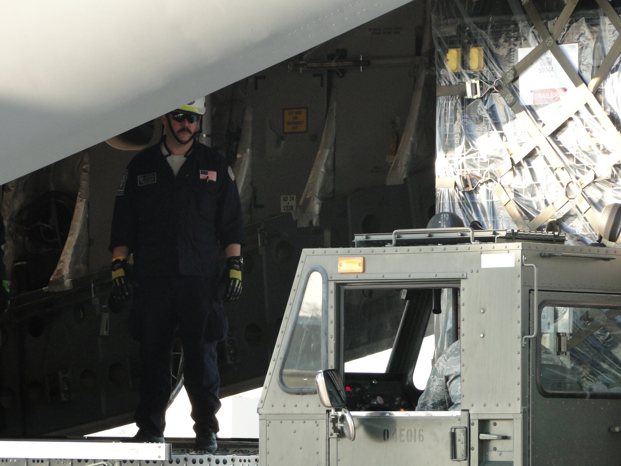 NORFOLK, Va. -- A member of Virginia Task Force Two, Federal Emergency Management Agency, prepares to load supplies onto a C-17 Globemaster III Jan. 15, 2010, at Chambers Field, Naval Station Norfolk, Va. The Virginia Beach-based FEMA urban search and rescue team departed for earthquake-stricken Haiti on the 437th Airlift Wing C-17 to support ongoing relief operations. (U.S. Air Force photo/Capt. Ed Ekpoudom).