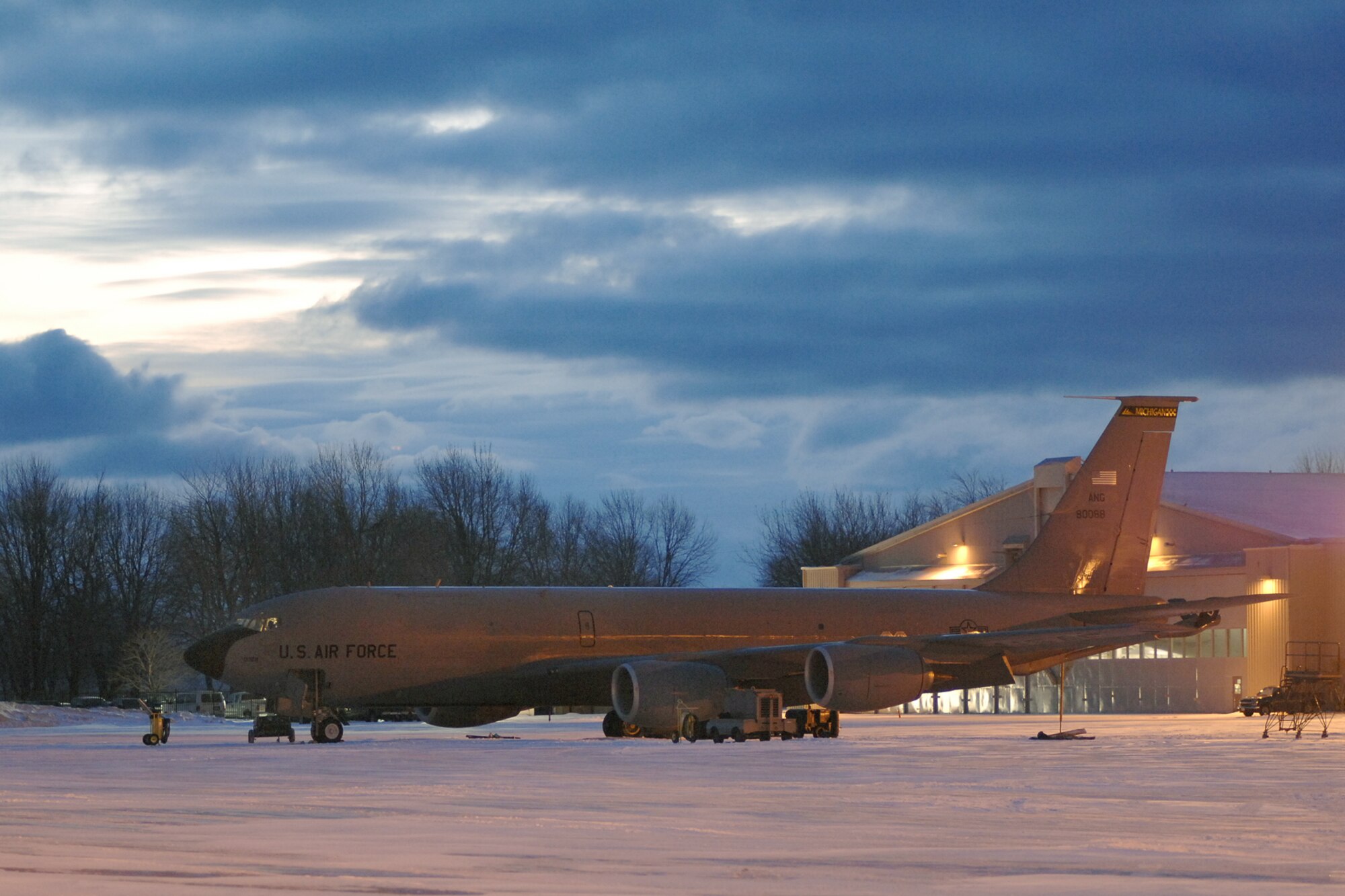 A Michigan Air National Guard KC-135 Stratotanker, sits parked on the ramp at Selfridge Air National Guard Base.  The 127th Air Refueling Group recently exercised their operations and maintenance functions with the assistance of several other state's Air National Guardsmen in preparation for upcoming inspections.  The refueling mission is relatively new to the 127th Wing, recently converting from C-130s to KC-135s in 2008. (Photo by John S. Swanson, 127th Public Affairs)