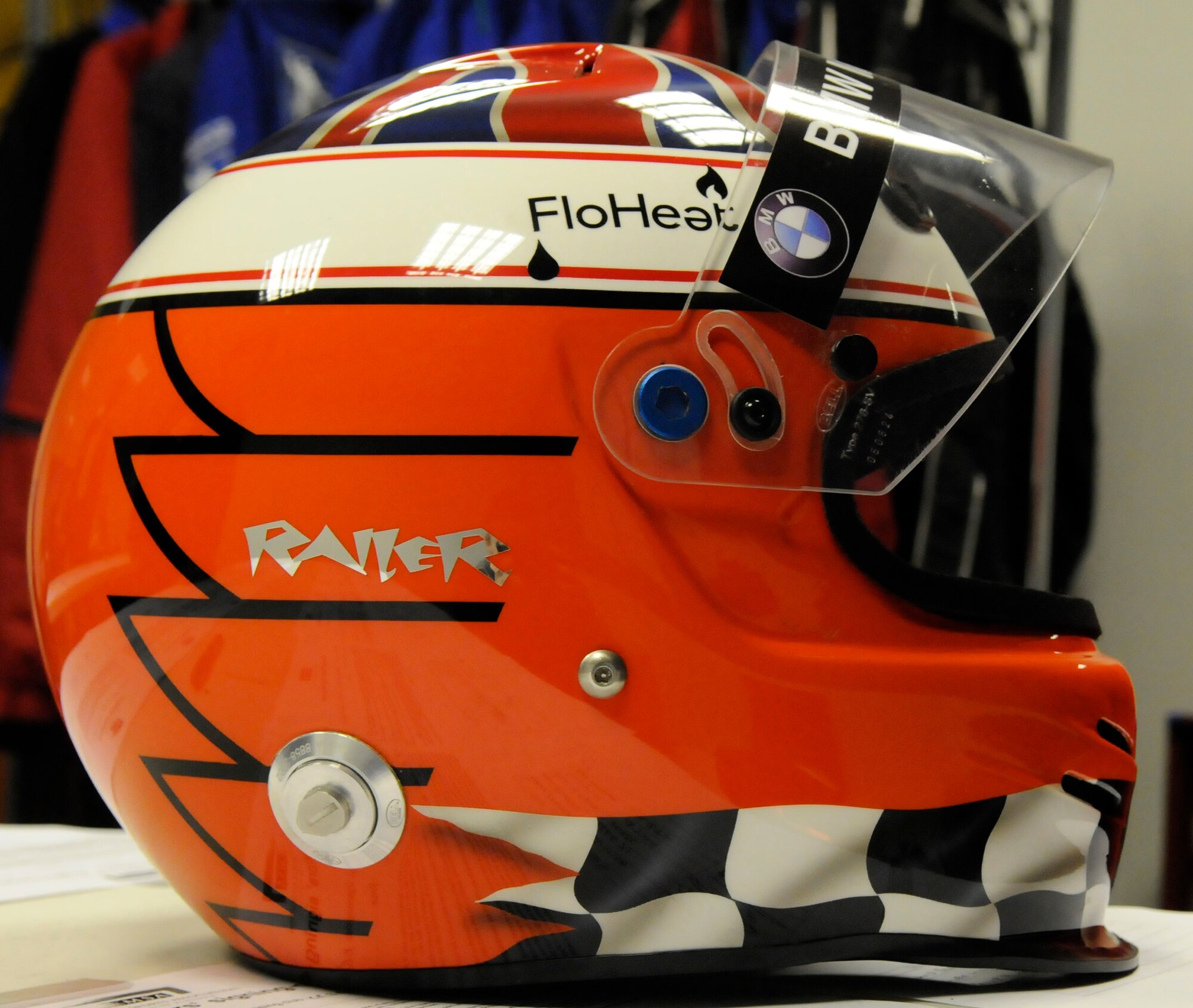 BIRMINGHAM, England -- Tech. Sgt. RaileR Cantrell set his personalized racing helmet on the registration table to be checked by officials before a Race for Charity kart race Jan. 15.  Sergeant Cantrell represented the Auto Sports team which finished 19th due to a crash that drove his kart out of bounds early in the race.  (U.S. Air Force photo/Staff Sgt. Christopher L. Ingersoll)