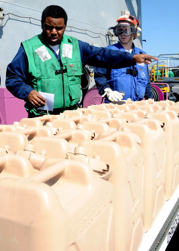 U.S. Navy sailors aboard the aircraft carrier USS Carl Vinson fill water containers for distribution in Port-au-Prince, Haiti, Jan. 18, 2010. The Carl Vinson is deployed supporting Operation Unified Response after a 7.0 magnitude earthquake cause severe damage near Port-au-Prince, Jan. 12, 2010. 