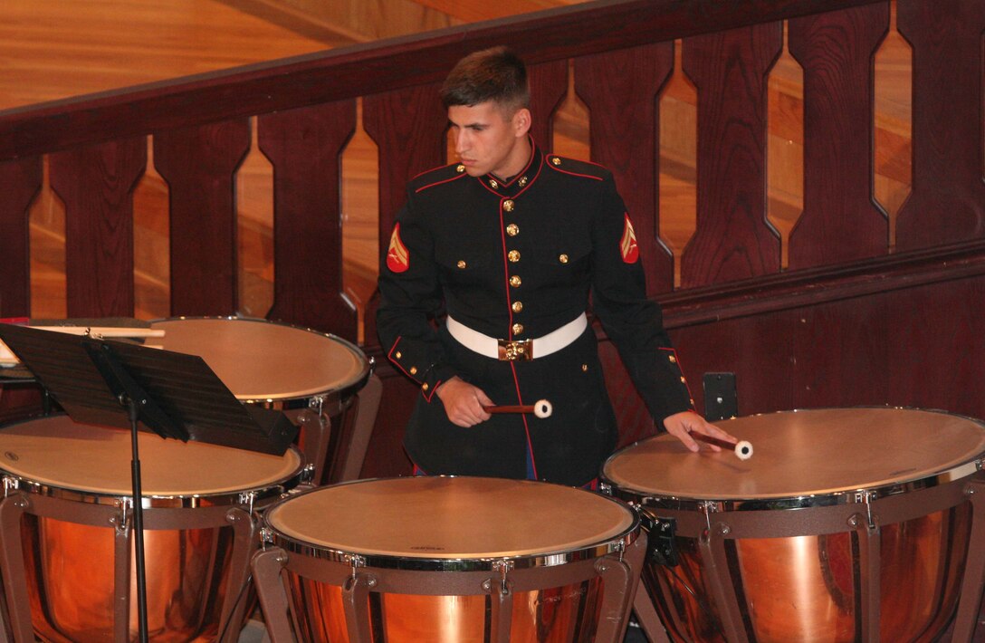 Cpl. Colin Hurowitz, a member of the 3rd Marine Aircraft Wing Band, plays the timpanis for a concert during the band's recruiting tour in Houston Jan. 16-21.