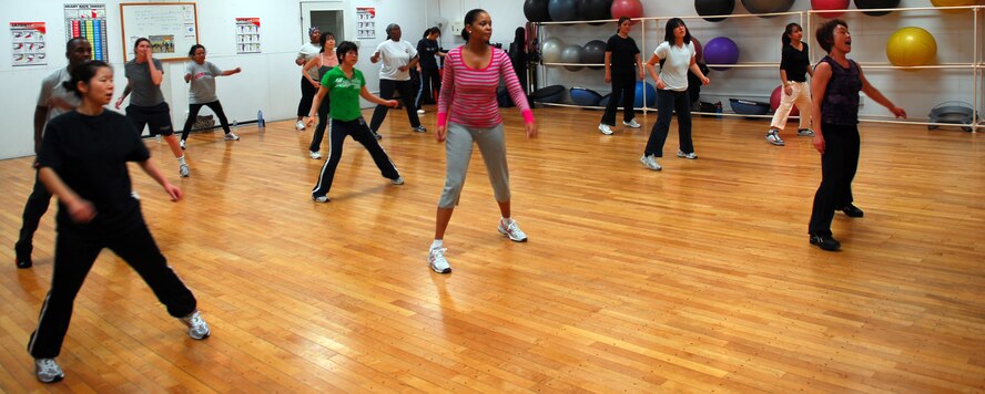 Community members from around Misawa participate in a Zumba class Jan. 20 at the Potter Fitness Center. Zumba offers an alternative to running on the treadmill or track for an aerobic workout. Zumba is an hour-long class that uses high-energy music and creative dance routines. (U.S. Air Force photo/Staff Sgt. Phillip Butterfield)