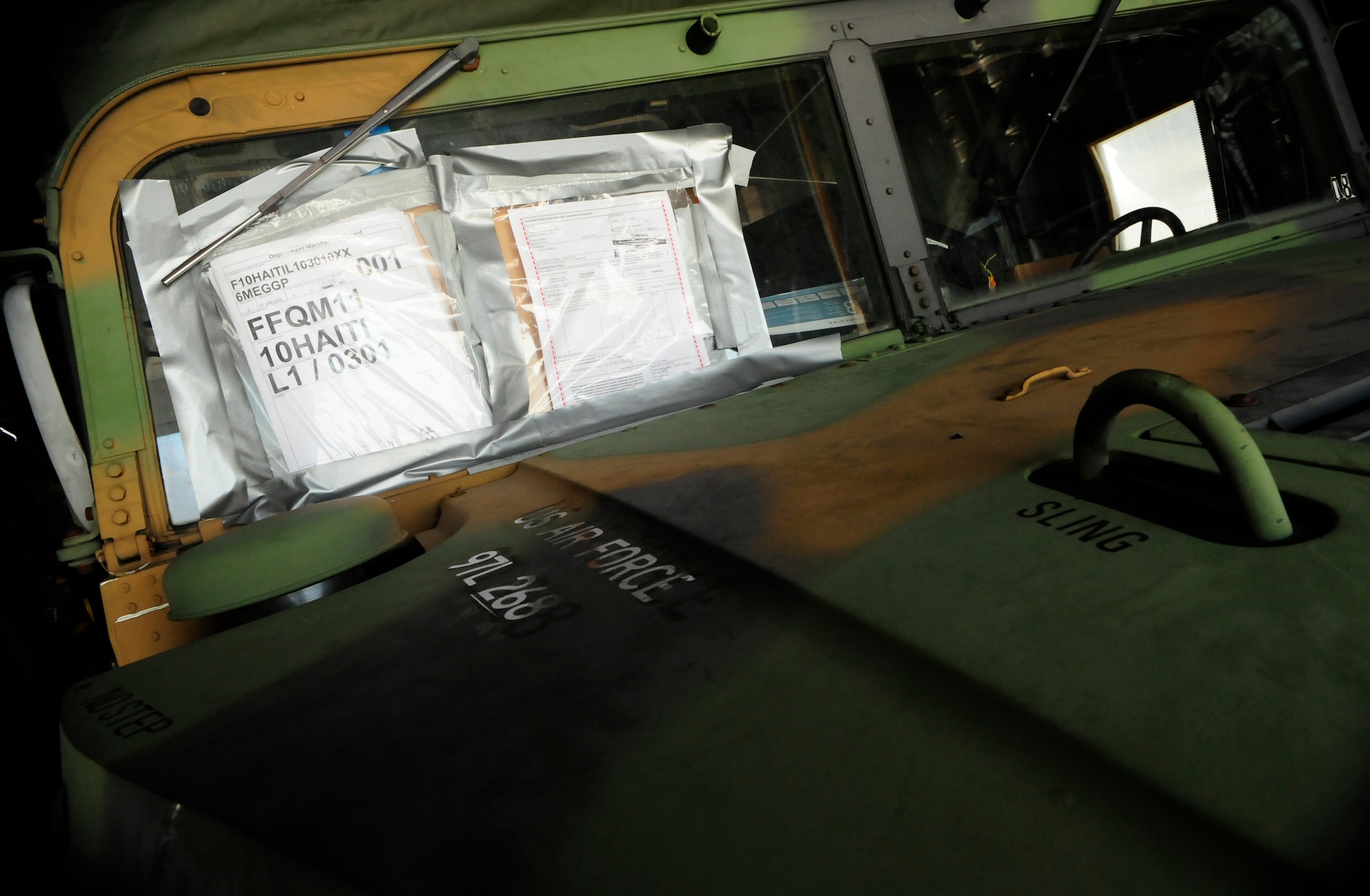 A humvee containing medical supplies under the 6th Medical Group Mobile Aeromedical Staging Facility (MASF) team is secured on a C-130 aircraft for humanitarian relief to Haiti from MacDill Air Force Base, Fla., Jan. 20. The 13-personnel MASF team from MacDill contains nurses, aeromedical technicians, and administrators who will provide medical treatment to victims of the massive Haiti earthquake which occured on Jan. 12. (U.S. Air Force photo by Senior Airman Rylan Albright)