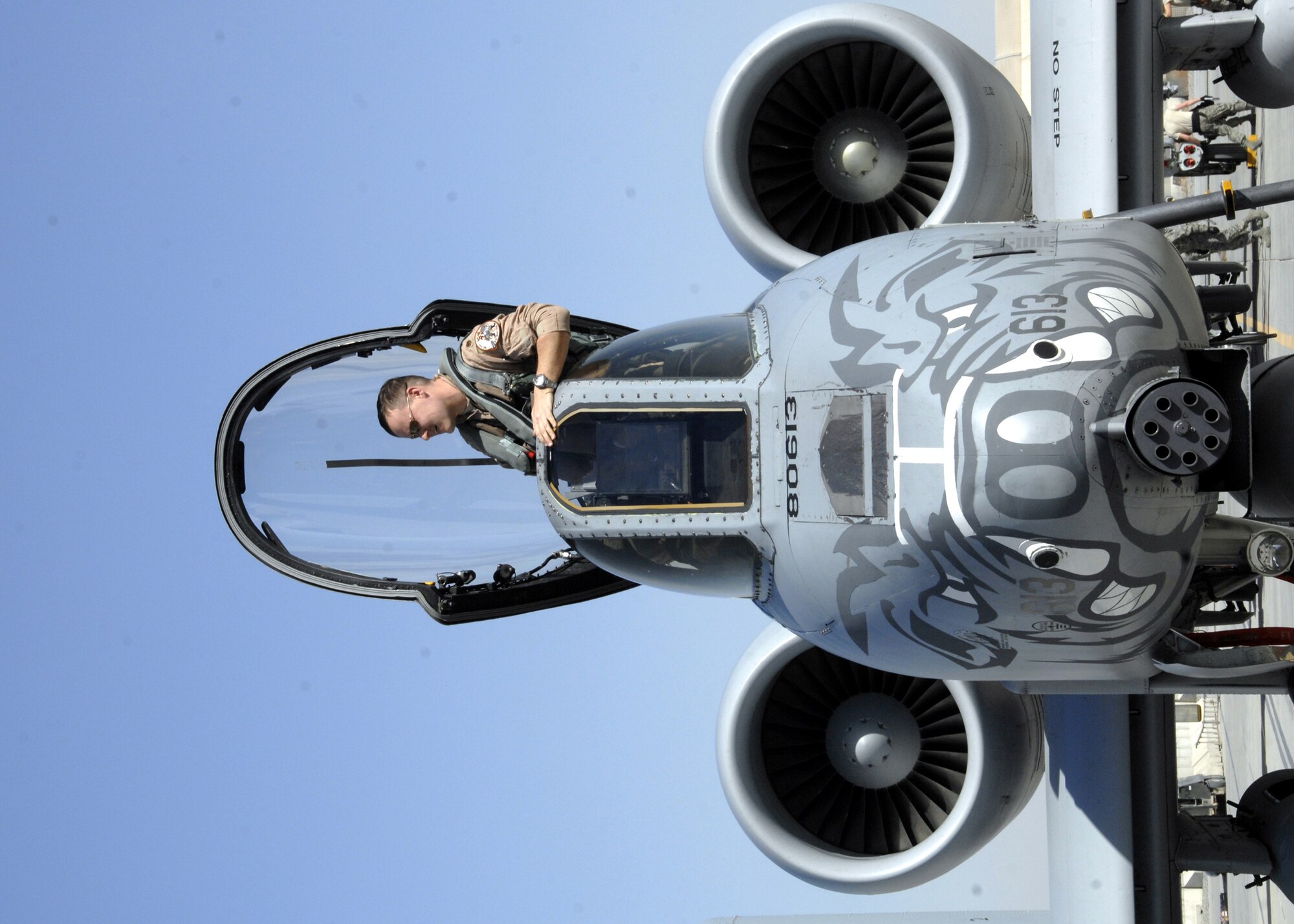 A pilot from the 175th Fighter Wing of the Maryland Air National Guard exits the cockpit of an A-10 Thunderbolt II "Warthog" with the 188th Fighter Wing of the Arkansas Air National Guard after piloting the aircraft from his home station in Baltimore, Md., Jan. 13, 2010. The transition from 354th Expeditionary Fighter Squadron to the 104th EFS is near completion after the final six A-10s taxied into their own revetments. (U.S. Air Force photo by Senior Airman Timothy Taylor)