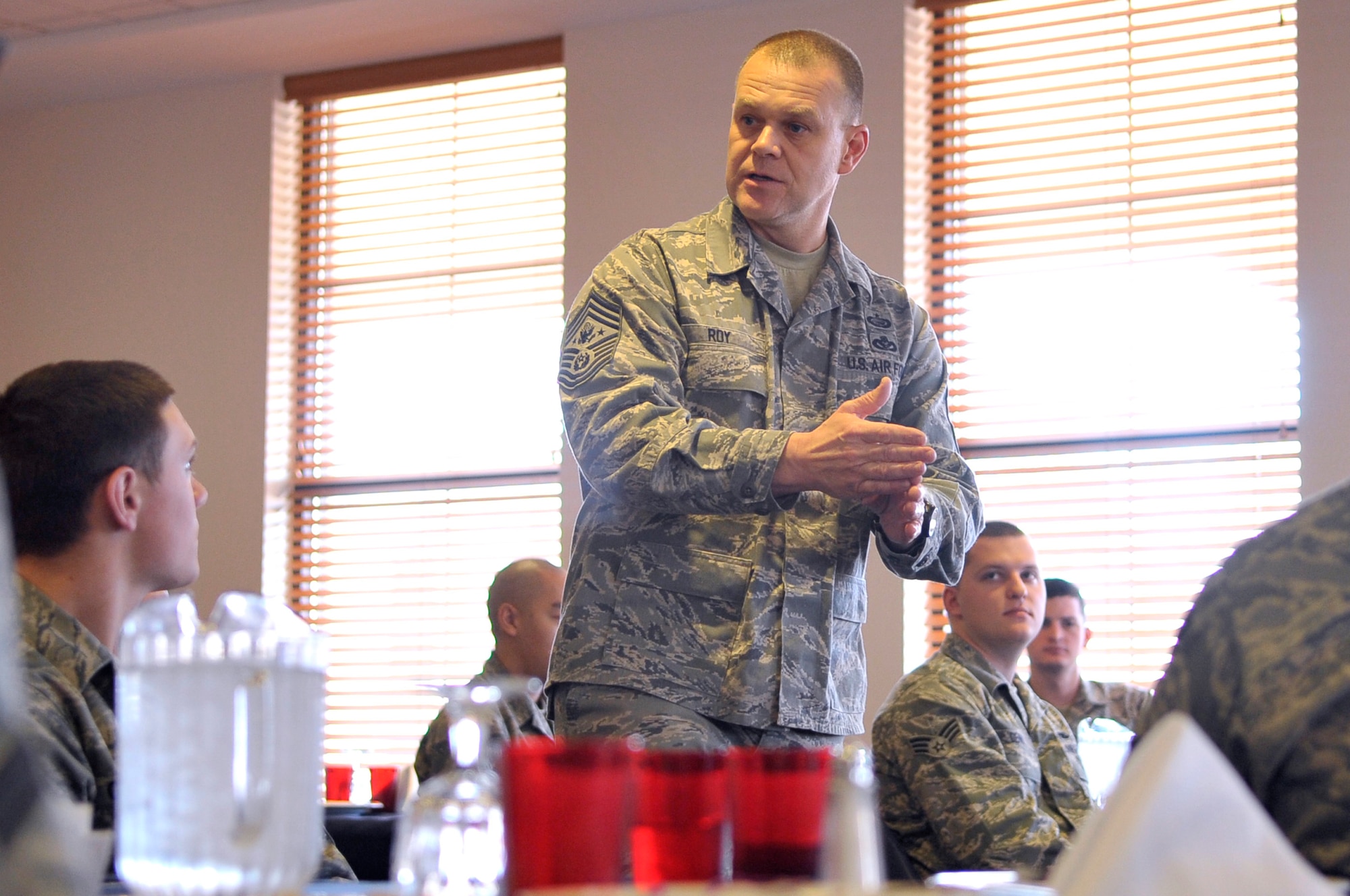 CANNON AIR FORCE BASE, N.M. -- Chief Master Sergeant of the Air Force James Roy speaks to the First Term Airman's Center and the Airman Leadership School during a luncheon Jan. 19, 2009. The chief discussed the role of today's Airmen and how the Air Force is changing.  (U.S. Air Force photo by Staff Sgt. Heather R. Redman)