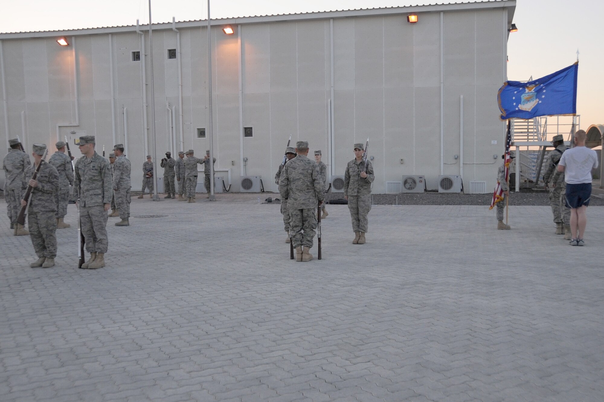 Members of the 380th Air Expeditionary Wing honor guard practice drill and ceremony procedures at an undisclosed location in Southwest Asia on Jan. 19, 2010.  The group is comprised of deployed Airmen that work, on average, 12 plus hours each day in their indivual work units and volunteer for the honor guard twice a week for several hours as well as performing drill and ceremony at official functions throughout the base. (U.S. Air Force photo/Senior Airman Jenifer H. Calhoun/Released)
