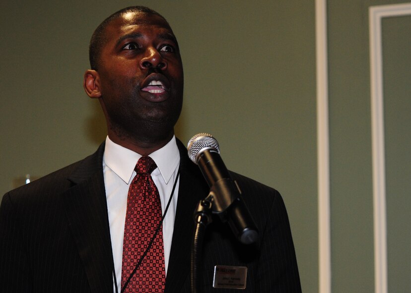 SHAW AIR FORCE BASE, S.C. -- Mr. John F. Kennedy, 20th Force Support Squadron airman and family readiness center superintendent, leads the audience in a rendition of “Lift Every Voice and Sing” during the Martin Luther King, Jr. Luncheon Jan. 15. (U.S. Air Force photo/2nd Lt. Tony Richardson)