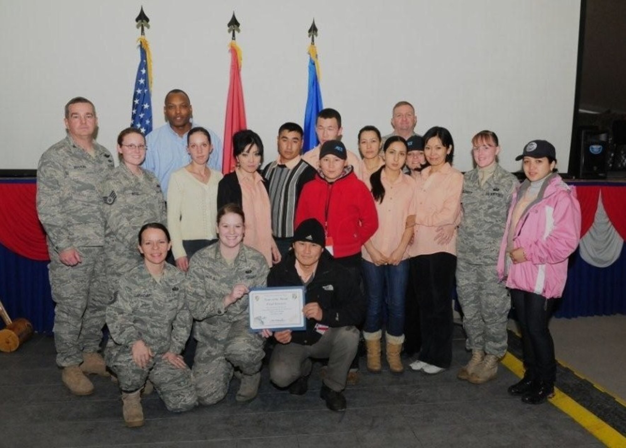 The Transit Center at Manas, Kyrgyzstan, Food Service Team earned the 376th Air Expeditionary Wing Team of the Month award. Staff Sgts. Tina McCloskey, Jackie Rose, Danielle Williams and Senior Airman Theresa Swann are all members of the award-winning team deployed from the 4th Force Support Squadron at Seymour Johnson Air Force Base, N.C. (Courtesy photo)