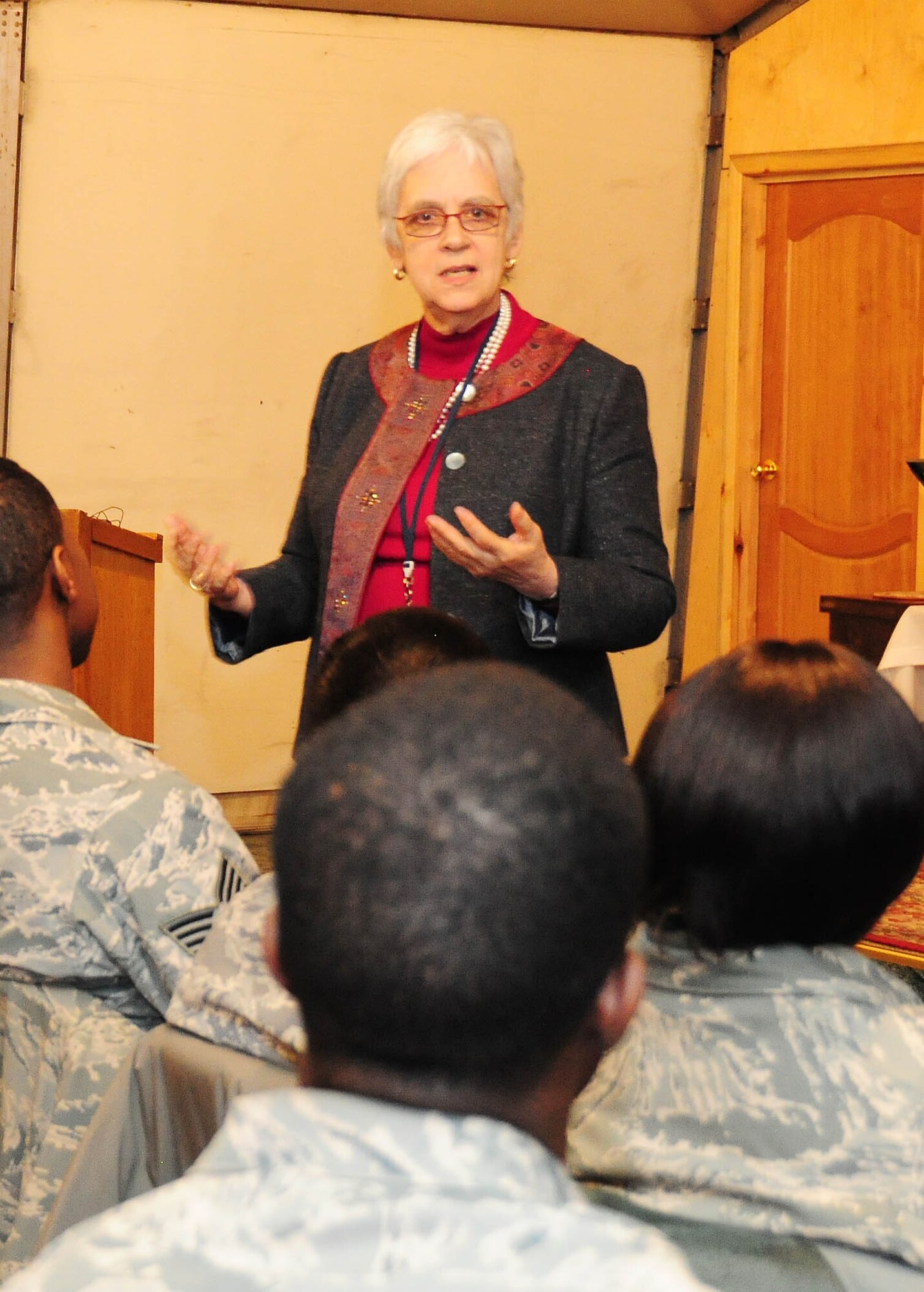 Guest speaker Dr. Ellen Hurwitz, President of American University Central Asia, speaks on the life of Dr. Martin Luther King, Jr. She spoke about the impact his courage had that shaped the freedoms Americans have today during a ceremony held in his honor at the Transit Center at Manas, Kyrgyzstan, Jan. 18, 2009. (U.S Air Force photo/Senior Airman Nichelle Anderson/released)