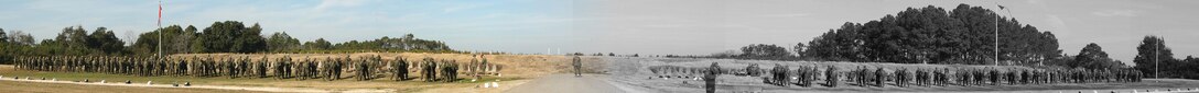 The panoramic photo shows recruits training aboard Parris Island at Khe Sanh Range.
